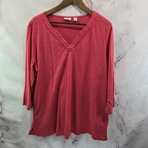 LL Bean Shirt Womens XL Pink V Neck Braided Tee T Regular 3/4 Sleeve